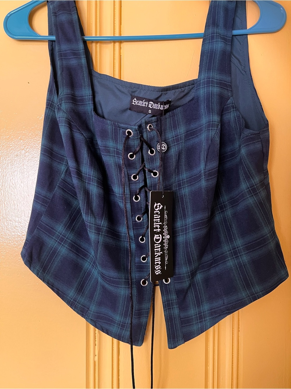 Women's Navy Green Plaid Lace-Up Tank Top